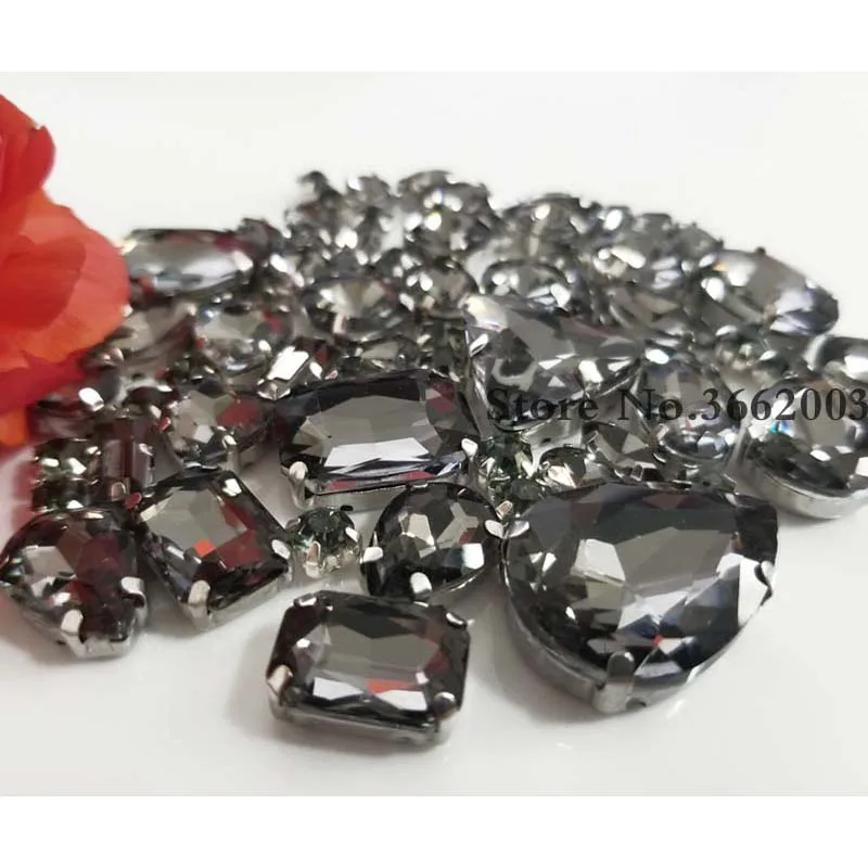 High Quality 68Pcs/pack Gray Mix Size Glass Crystal Flatback Sew on Claw Rhinestones, Diy Clothing Sewing Accessories