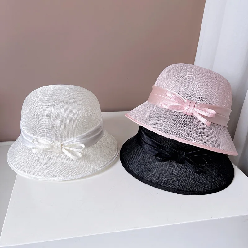 

High quality Hepburn style bow Linen Fisherman hat Delicate elegant women's banquet basin hat holiday fashion hat trend