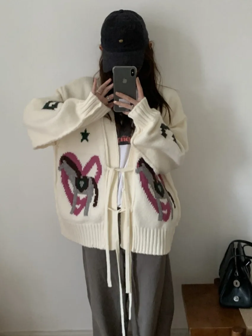 Retro Farbe Blo Strickjacke Mantel frauen Herbst Winter Neue Faul Sle Lose Vielseitig Pullover Mit Gürtel Offenen Sle