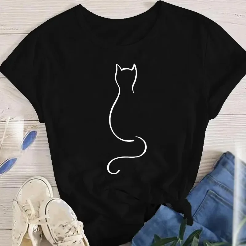 Camiseta de manga curta estampada feminina, tops femininos, T-shirt extragrande, gato fofo, animal, roupas gráficas, moda coreana, verão