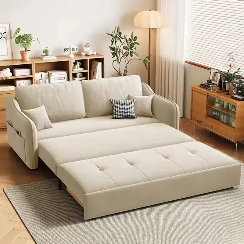 Elegant Wooden Pull Out Sofa Bed Cream Cloud Color Casual High End 3 in 1 Fabric Couch with Storage Space for Family Living