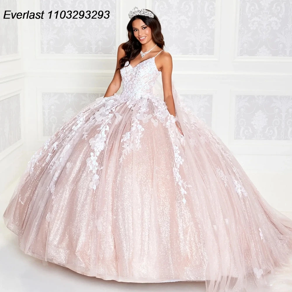 EVLAST-Vestido De quinceañera púrpura con purpurina, Vestido De baile, apliques De encaje, cuentas De cristales con capa, dulce 16, 15 años, TQD342