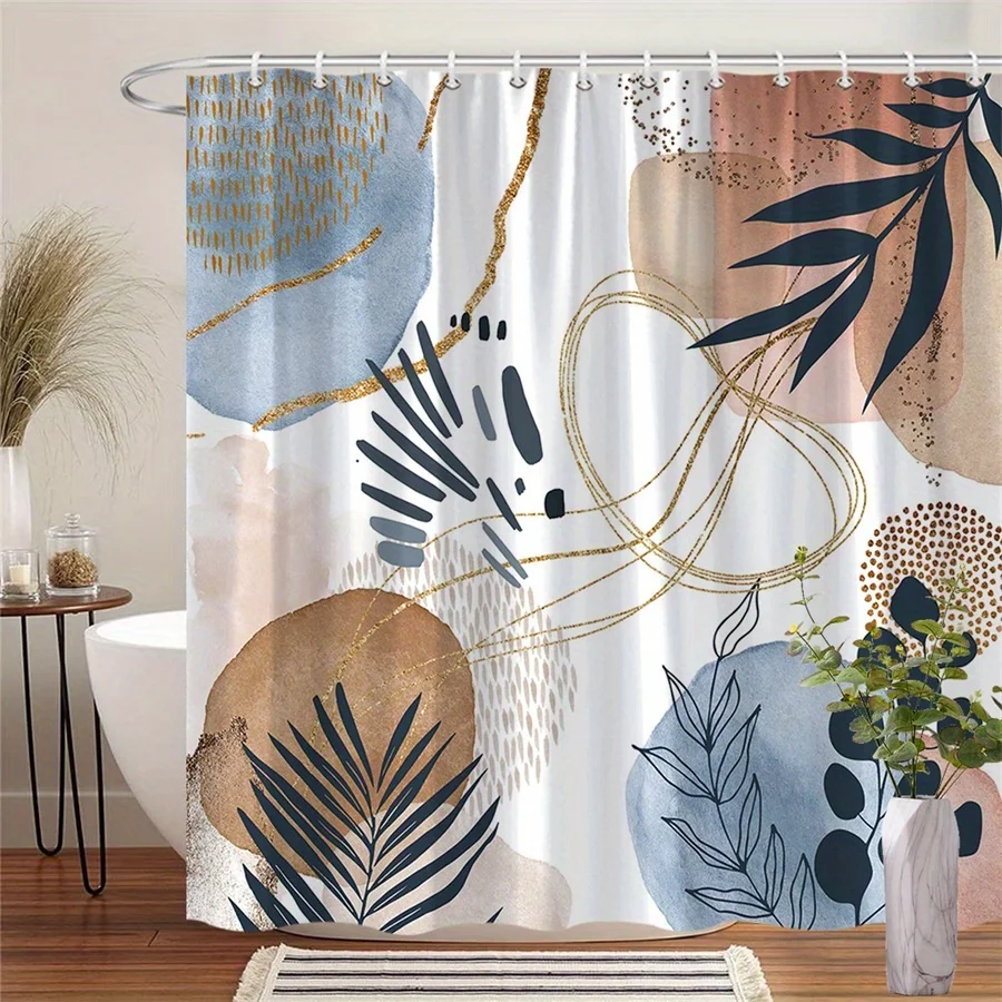 

1pc Abstract geometric and nature style shower curtain, machine washable polyester with hooks for bathroom decoration