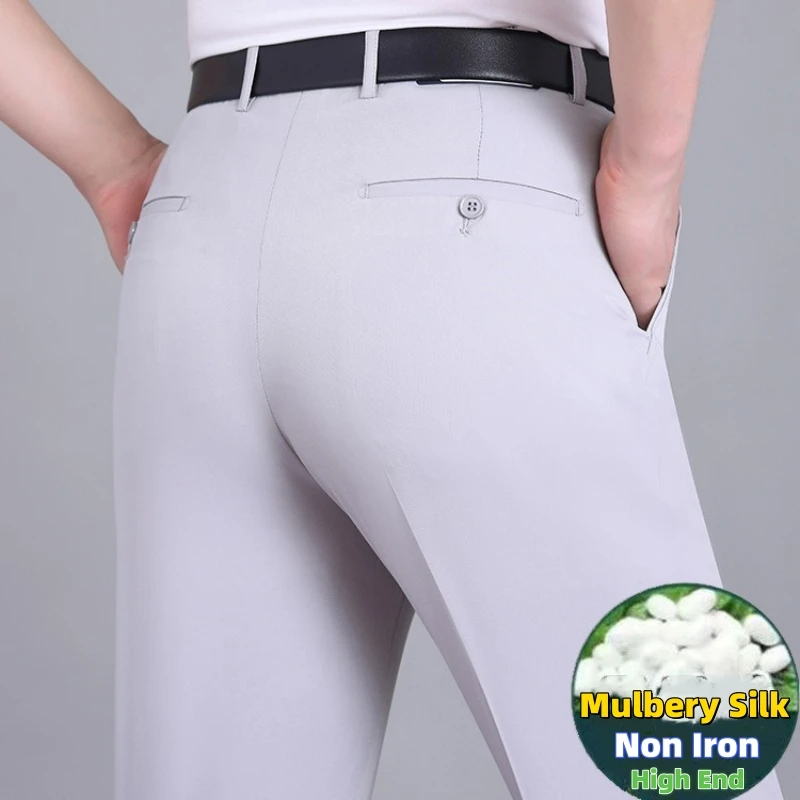

Man Mulberry Silk Suit Pants High End Business Office Straight Trousers Quality Breathable Non Iron Casual Summer Slim Fit Pants