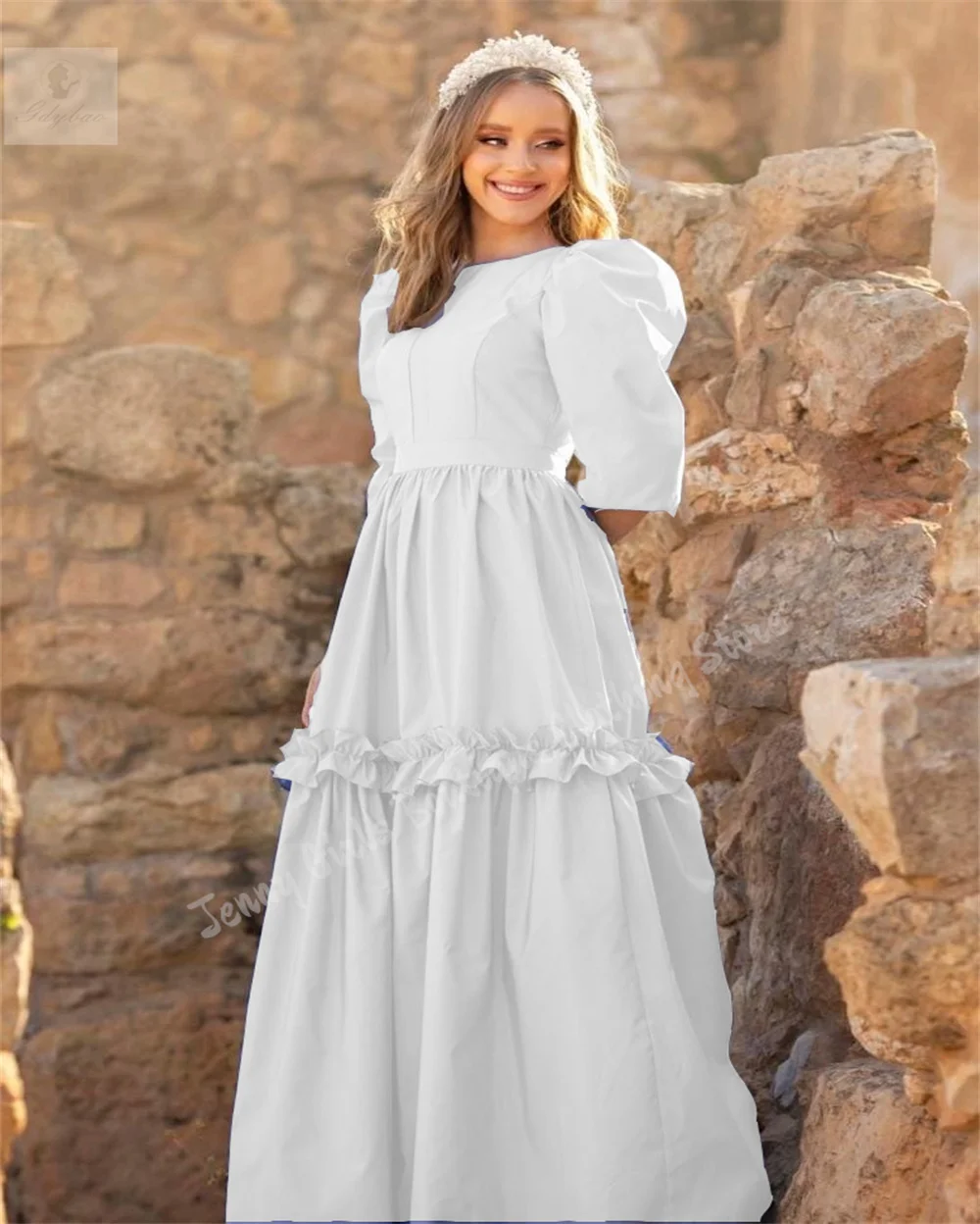 Customized A-line 2026 New Girls Gowns Elegant Round Neck Half-Sleeve Bridesmaid Dresses for Wedding Teens Pleated Satin Banquet