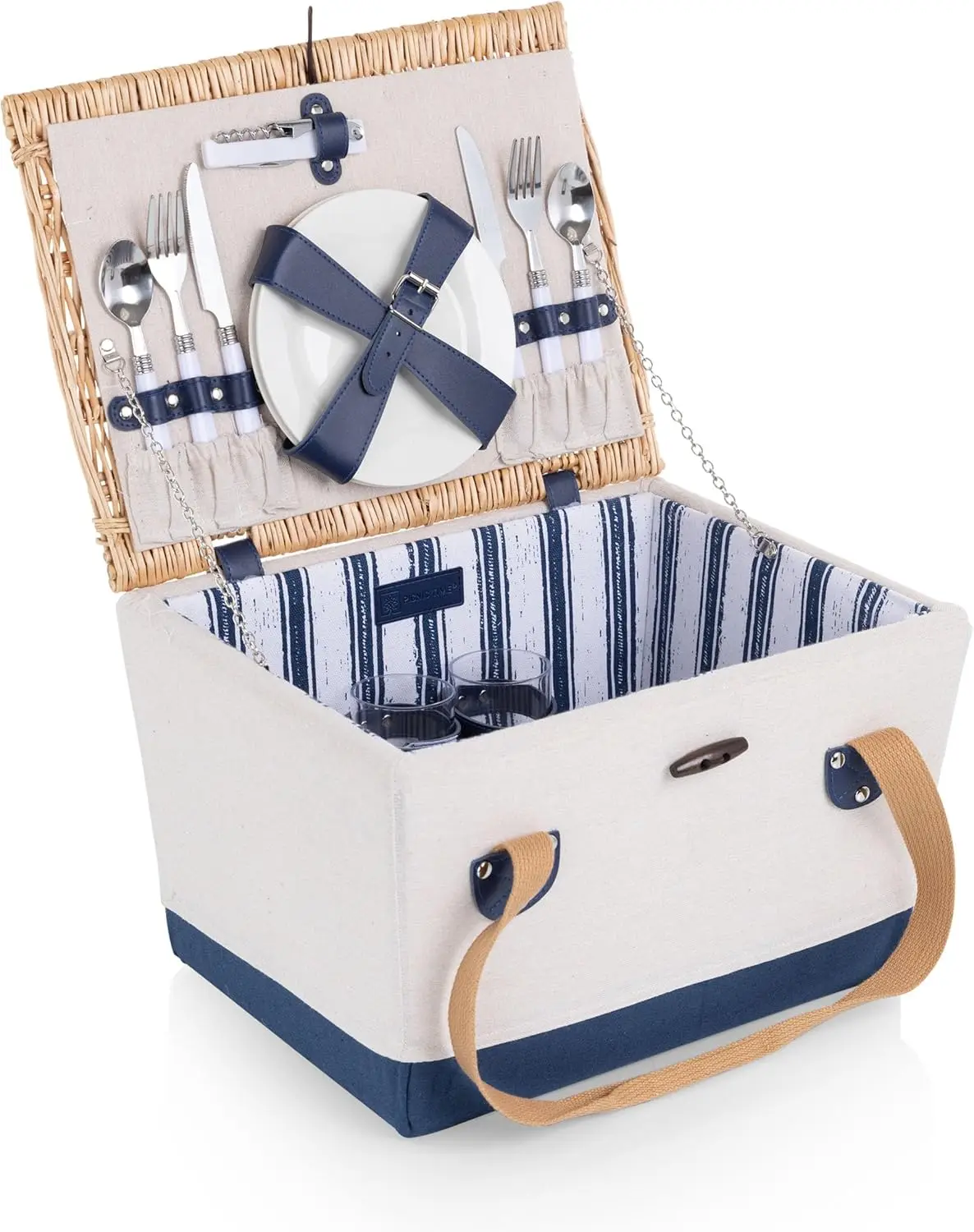 

Vintage English Style Picnic Basket for Two, Handwoven Wicker Lid, Canvas Wood Frame, Complete Set with Plates & Cutlery