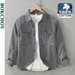 2024 Autumn New Vintage Striped 100% Cotton Shirts for Men Clothing Long Sleeve Big Pockets Soft Men Shirts CM7380