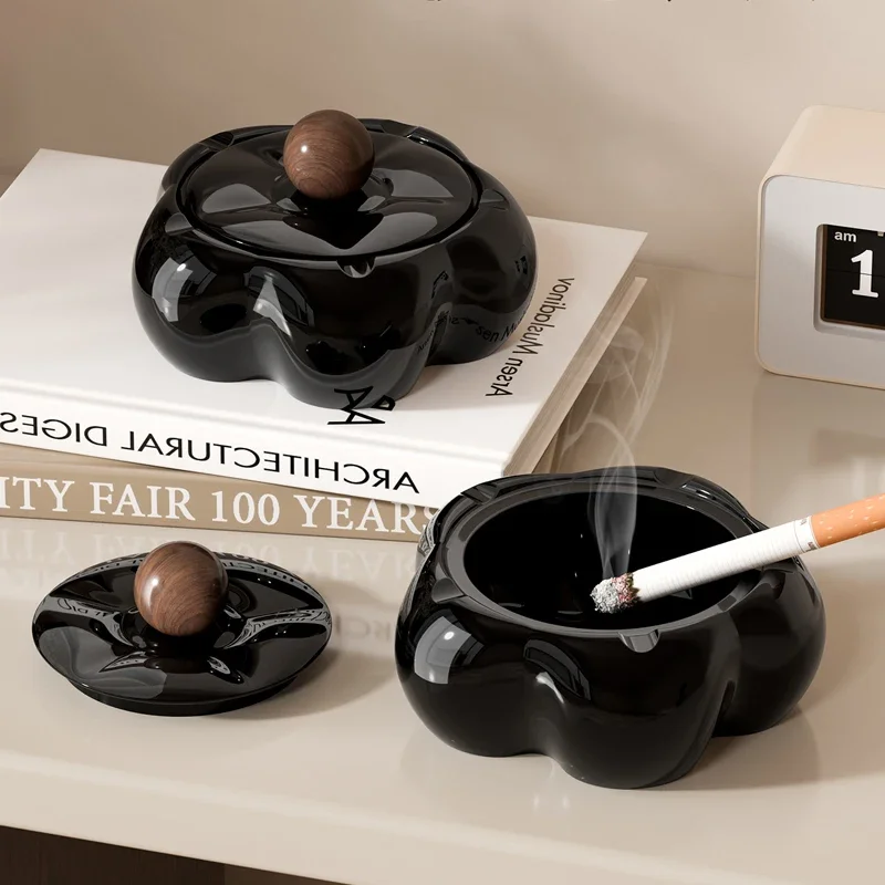 Flower Shaped Ceramic Ashtray with Lid Anti Fly Bedroom Office Decoration Home Living Room Black Ceramic Ashtray Decoration