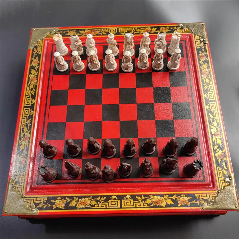 Retro Chess Set Board Games Resin Chess Qingbing Lifelike Pieces High-density Board Paste 26*26*6.5cm/10.24*2.56in