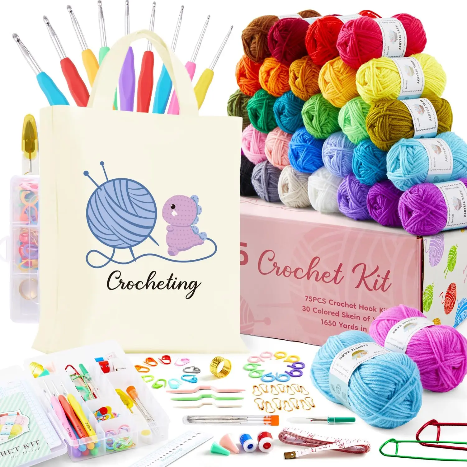 

Beginner Crochet Kit with 30 Yarn Skeins, Hooks Set & Tote Bag - Perfect Starter Pack for All Ages