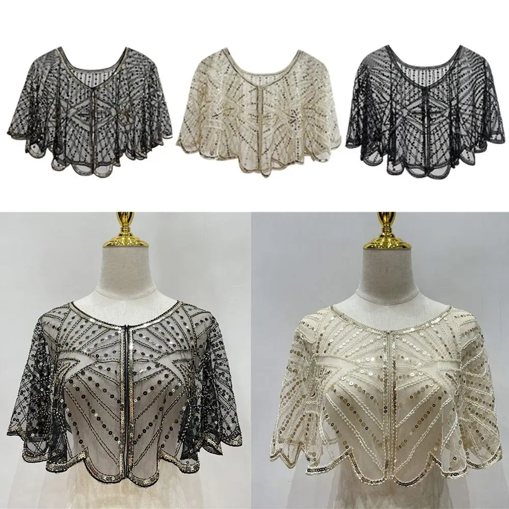 Vintage 1920s Flapper Shawl Sequin Beaded Short Cape Beaded Decoration Gatsby Party Mesh Short Cover Up Dress Accessory