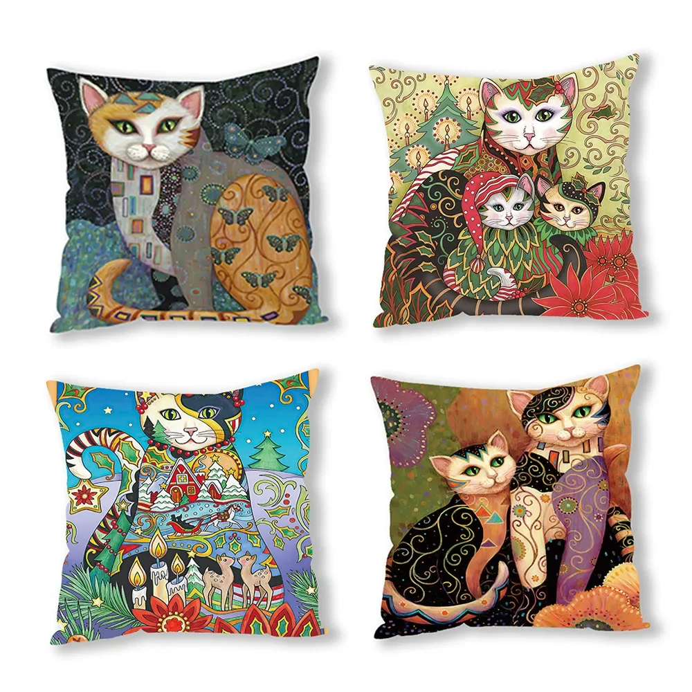 

Cute Cartoon Animal Oil Painting Cat Cushion Cover Decorative Office Sofa Pillowcase Home Decor