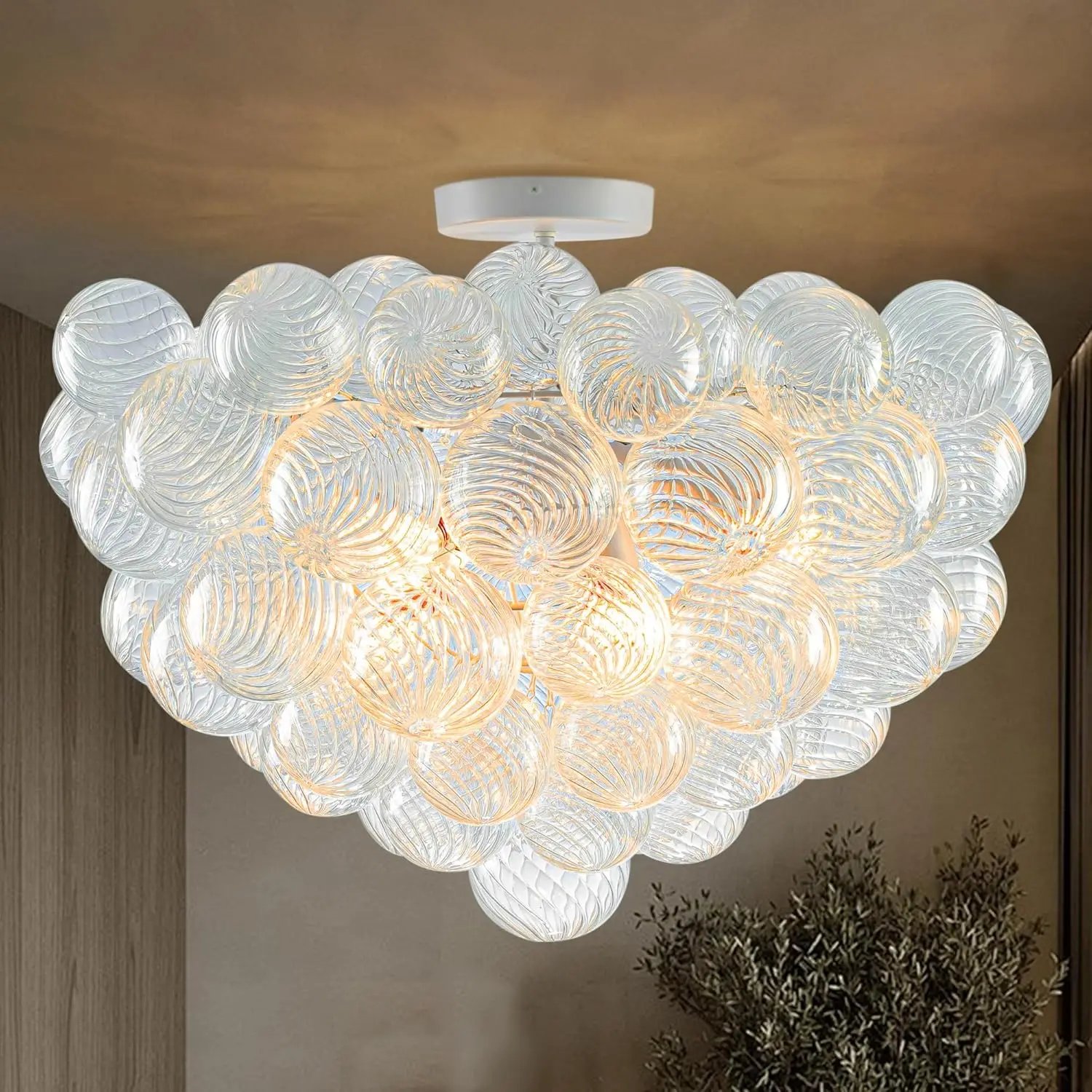 

Bubble Glass Ball Chandelier White Finish and Clear Blown Glass Globe Chandeliers Cluster Flush Mount Ceiling Light Fixtures 24"