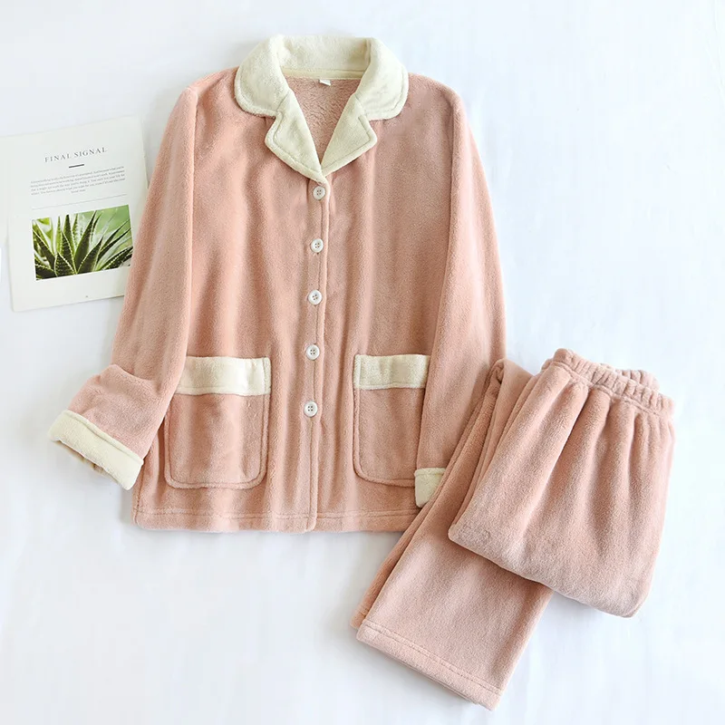 

Thicken Flannel Sleepwear Pajamas Couple Winter Loungewear Homewear 2Pcs Trousers Set Warm Nightwear Women Men Shirt&pants