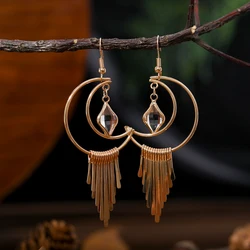 Classic Design Moon Tassel Earrings for Women Vintage Gold Color Ear Ornament Ladies Jewelry Earrings Rhinestone