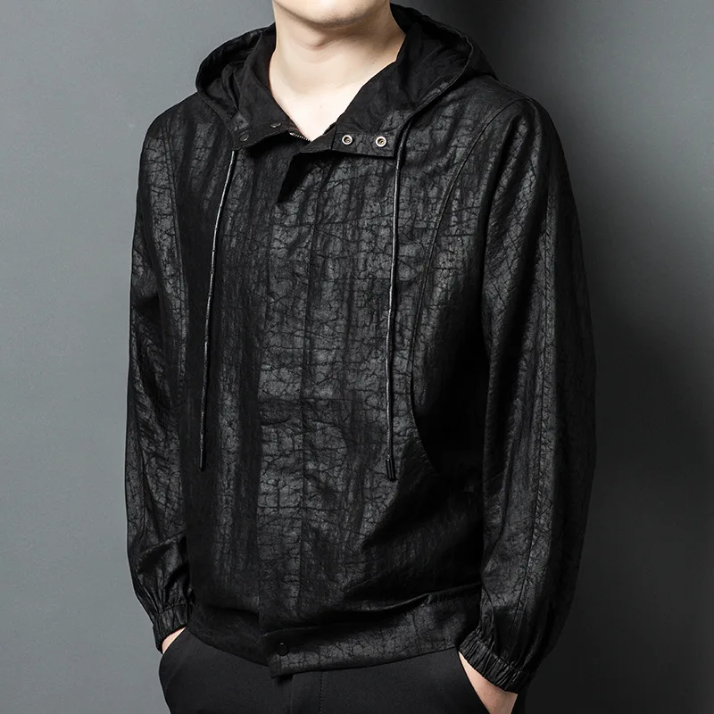 Real Silk Men's Xiangyun Yarn Crack Hooded Long Sleeve Cardigan Shirt Middle-Aged Fashion Trendy Baggy Coat Clothing