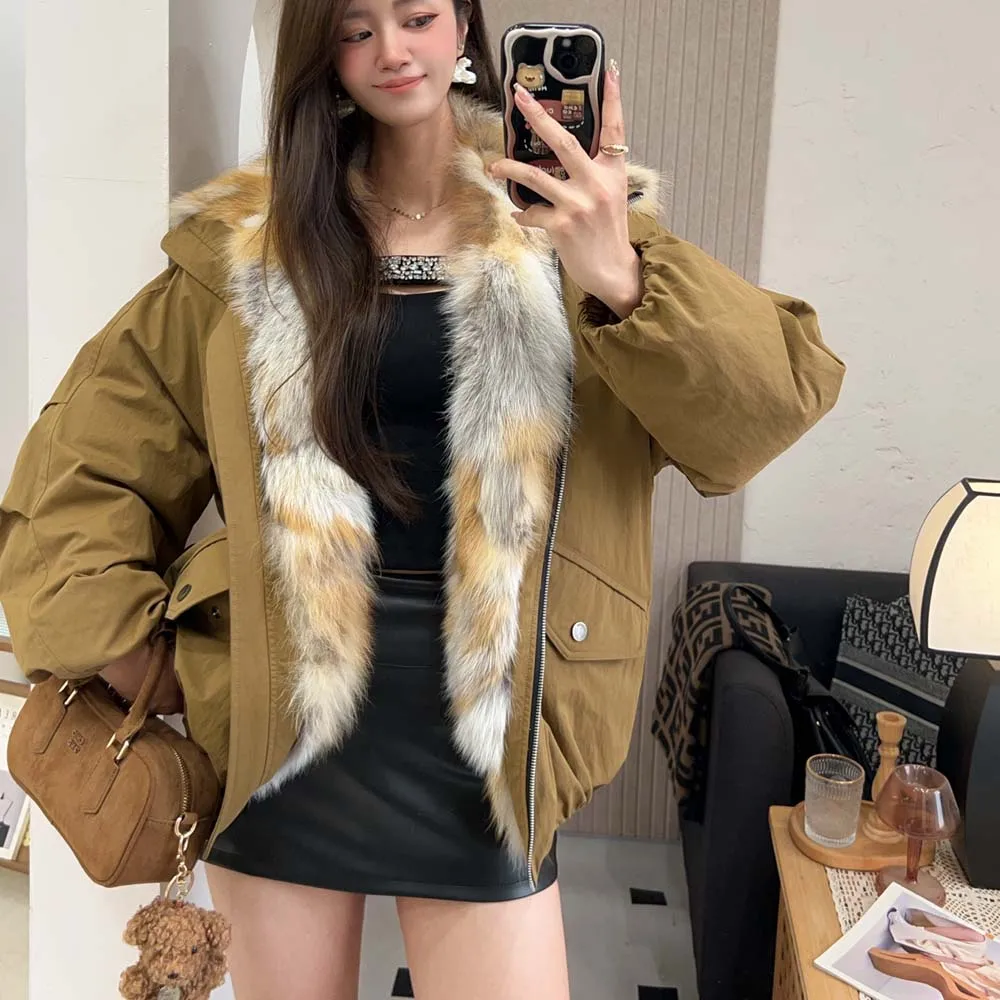 Femmes coréennes vers le bas manteaux col de fourrure de renard ample décontracté en duvet d'oie femme doudoune automne hiver 2025