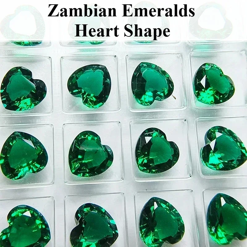 

Lab Grown Zambian Emeralds Heart Shape Hydrothermal Hand Cut with Cracks Inclusions Inside Selectable Certificate