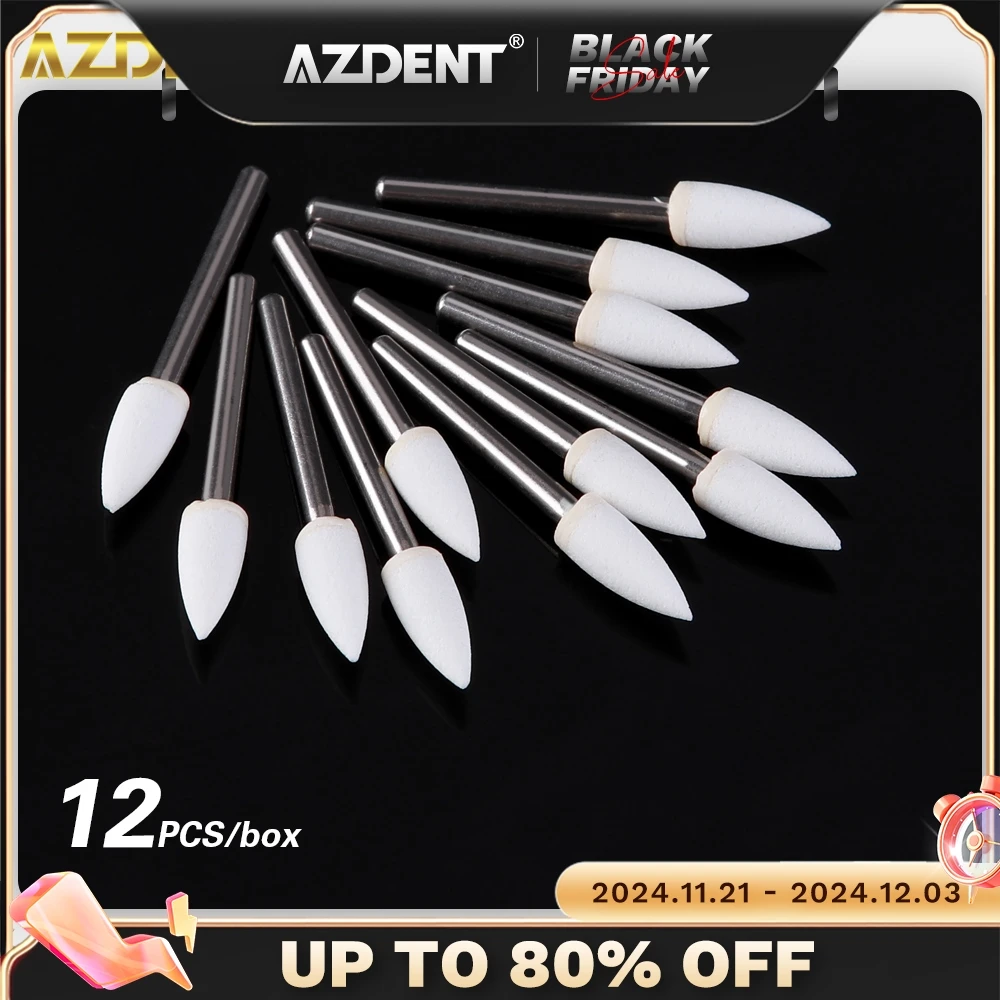 12pcs/Pack AZDENT Dental Polisher White Stone Flame Cone Round Shape Polishing Tool Metal Resin Porcelain Dentistry Instrument