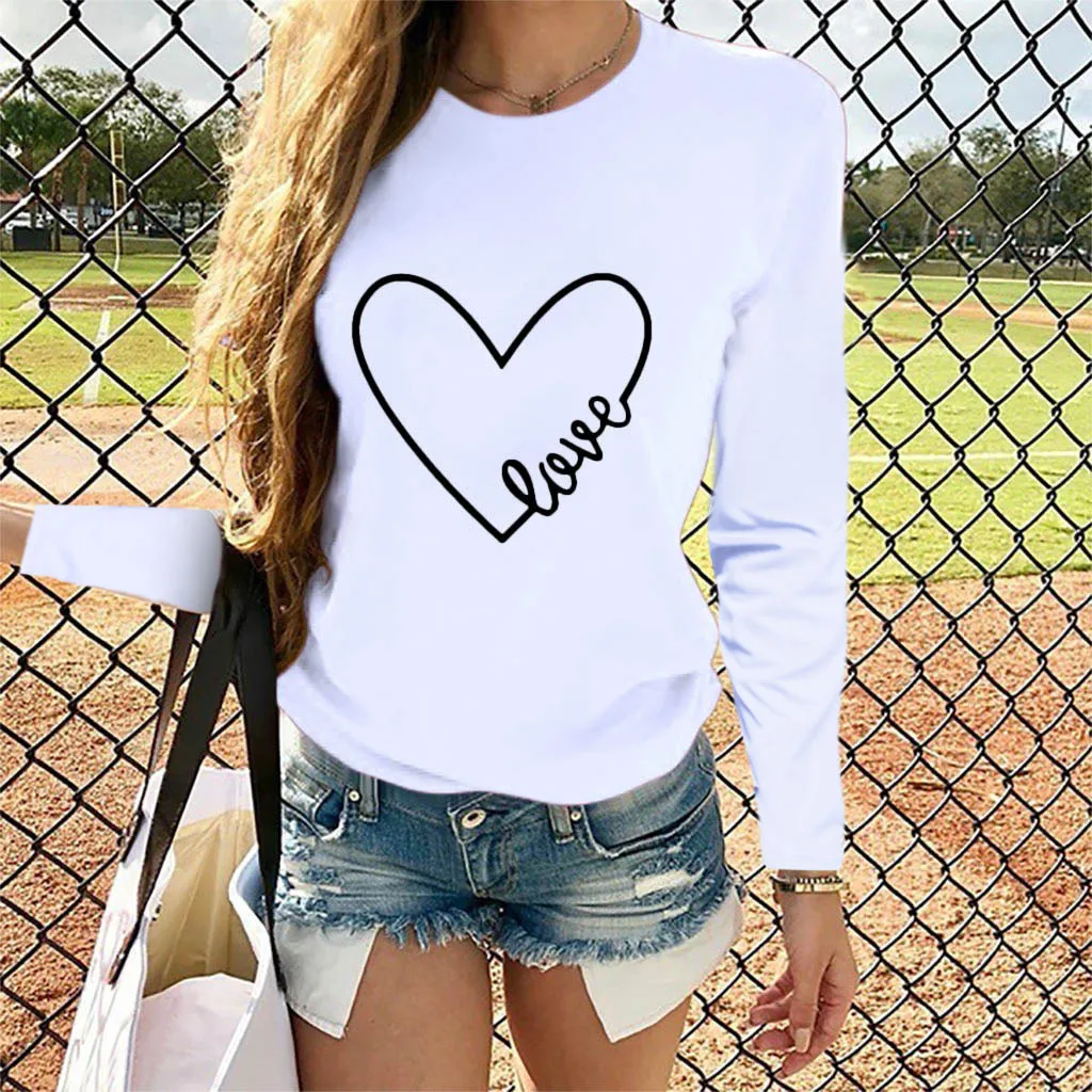 Casual Letter Heart Shaped Printing Women\'s T Shirt Blouses Round Neck Long Sleeve Loose Fashionable Ladies Tee Shirt Tops