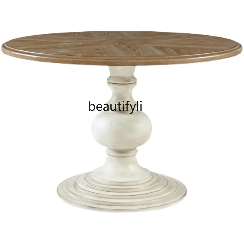 

American rural solid wood retro round dining table birch restaurant old round dining table can be customized2005
