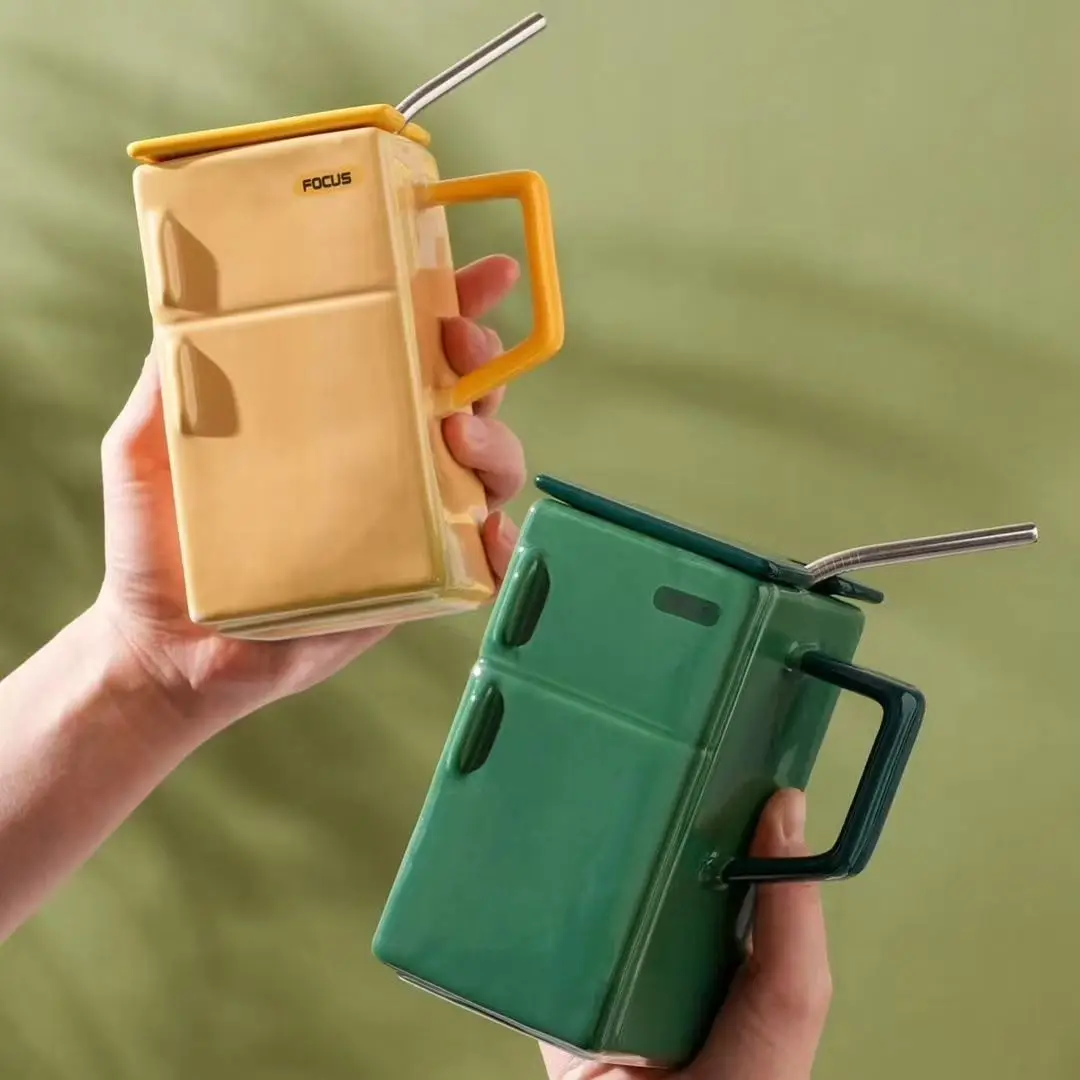 Creative Retro Refrigerator Square Water Cup with Covered Stainless Straw Ceramic Cup Funny Office Couples Gift Coffee Mugs view 6