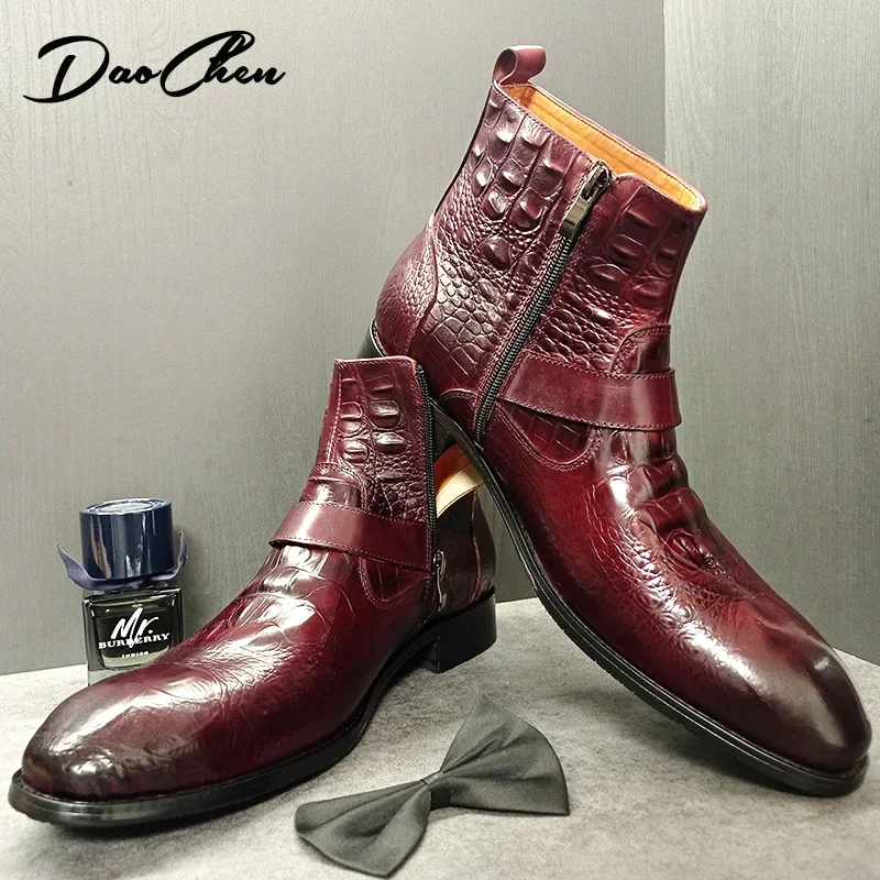 Luxury Men Ankle Boots Shoes Black Burgundy Crocodile Printed Zip Chelsea Buckle Strap Leather Shoes Dress Boots For Men