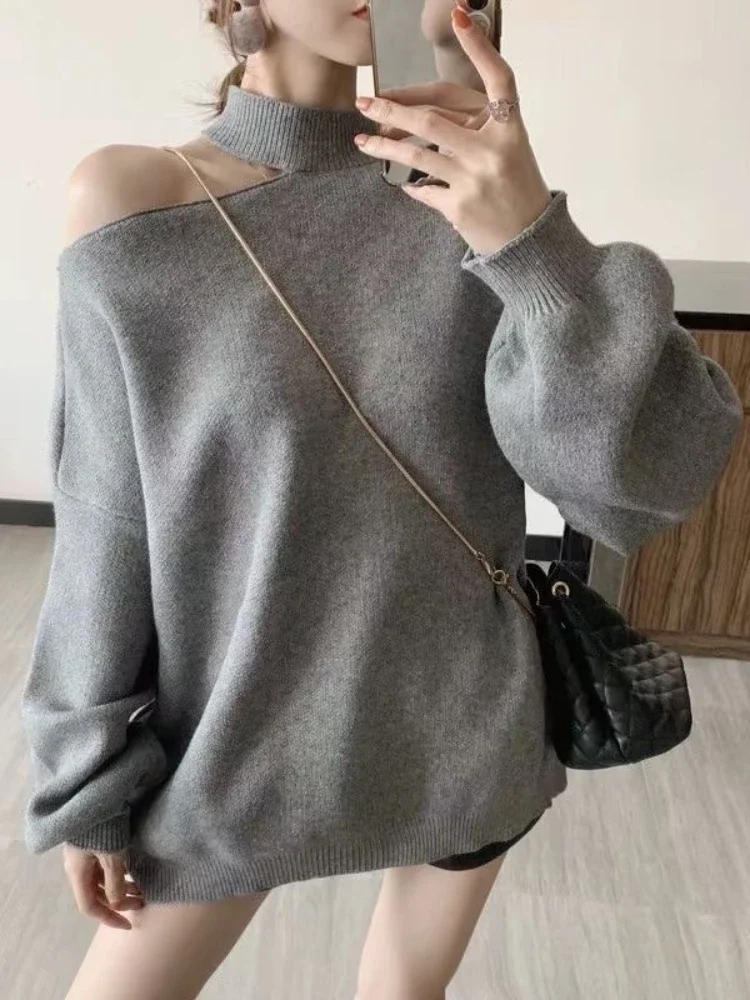 Off Shoulder Sexy Temperament Knitting Pullover Korean Fashion Women's Sweater Autumn Loose Casual Grey White Long Sleeve Top