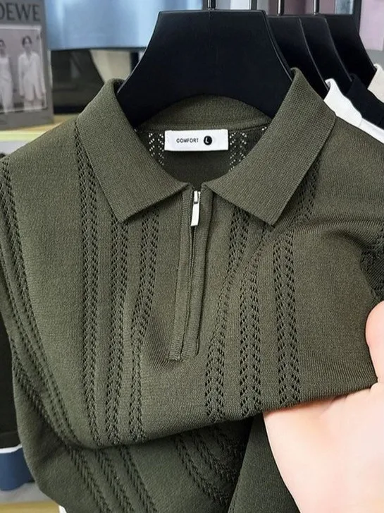 

Новинка 2025: Летний тонкий мужской свитер на молнии с коротким рукавом, ажурный вязаный джемпер с отложным воротником, молодежный повседневный стиль