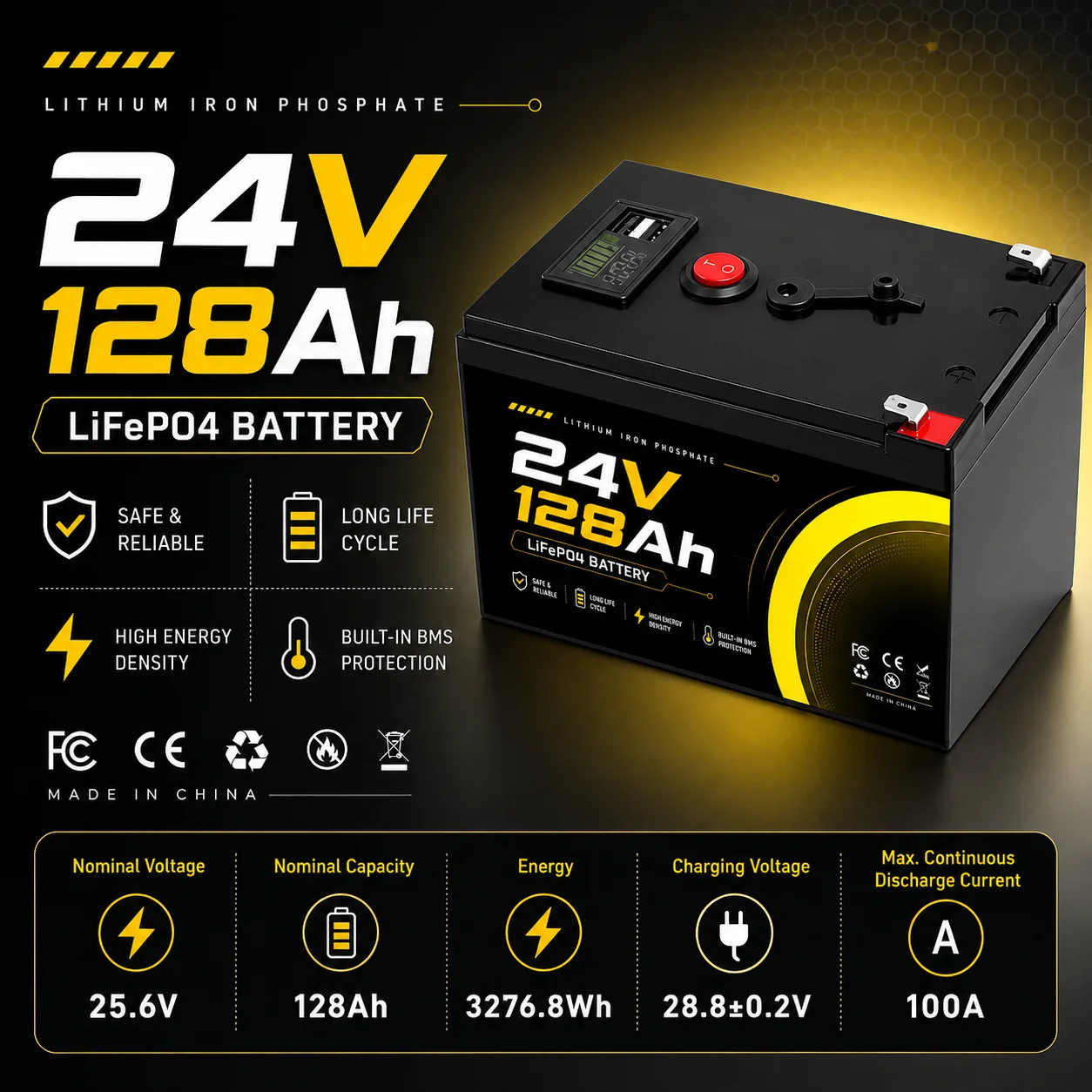 New LiFePO4 Battery 24V 128Ah Deep Cycle Power Supply Built-in BMS for RV Fish Exploration Outdoor Energy Storage Power Supply