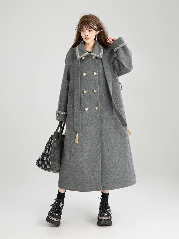 Lazy Casual Sweet Cool Lace-up Gray Woolen Coat Lapel Bow Double Breasted Loose Versatile A-line Long Wool Jackets Women Winter