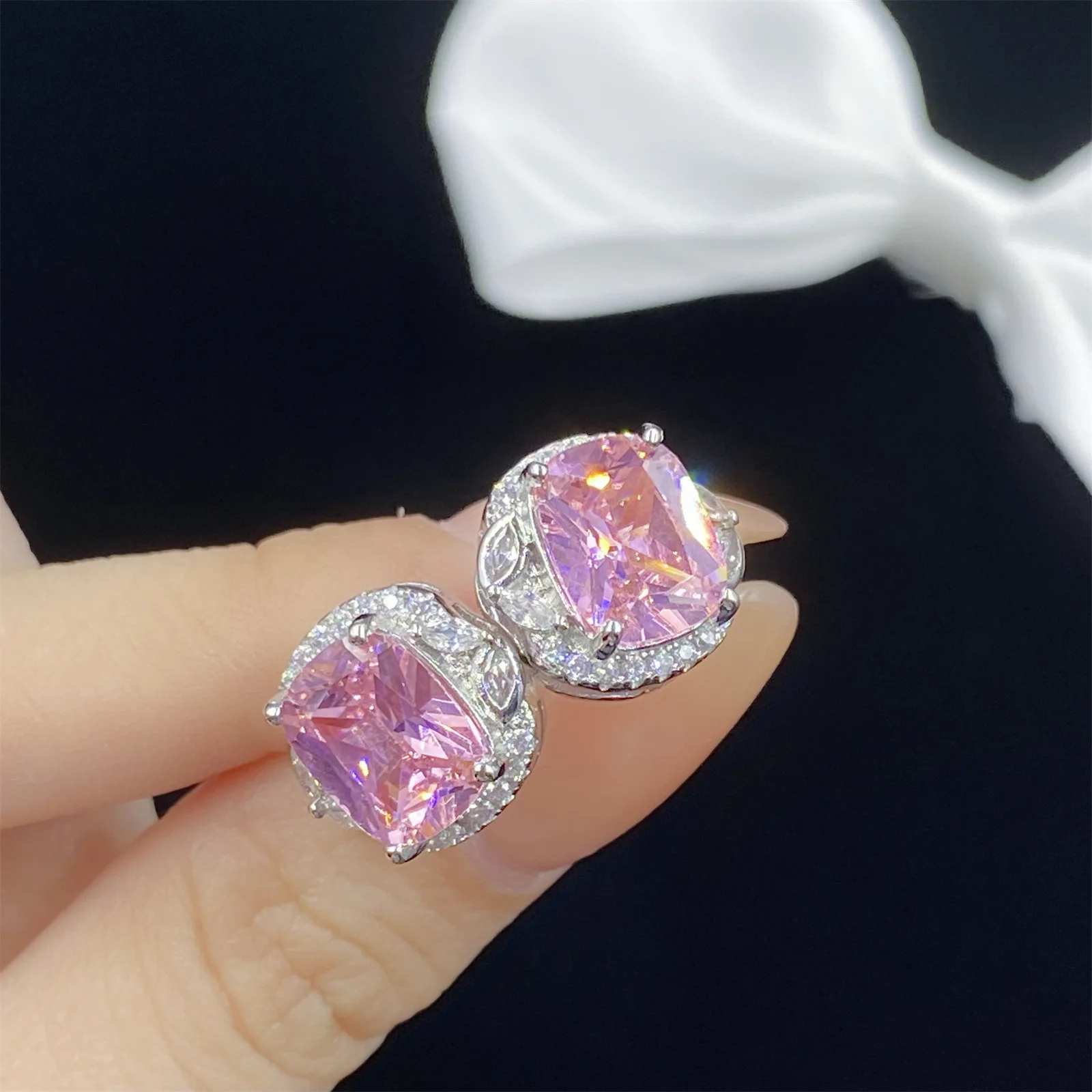 Women's Luxury Pink 925 Silver Zircon Statement Necklace Ring Earring Set