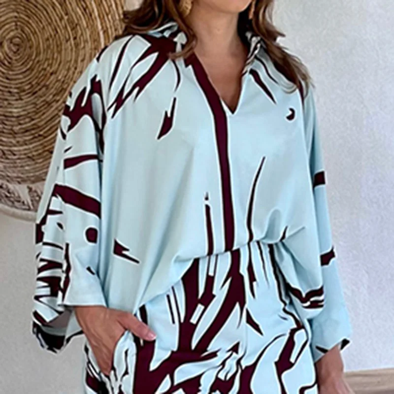 PLUS SIZE 3XL Pajamas Set Spring Autumn Blue Print Shirt&Pants Satin Home Clothes Nightwear Casual Loose Sleepwear Trousers Suit