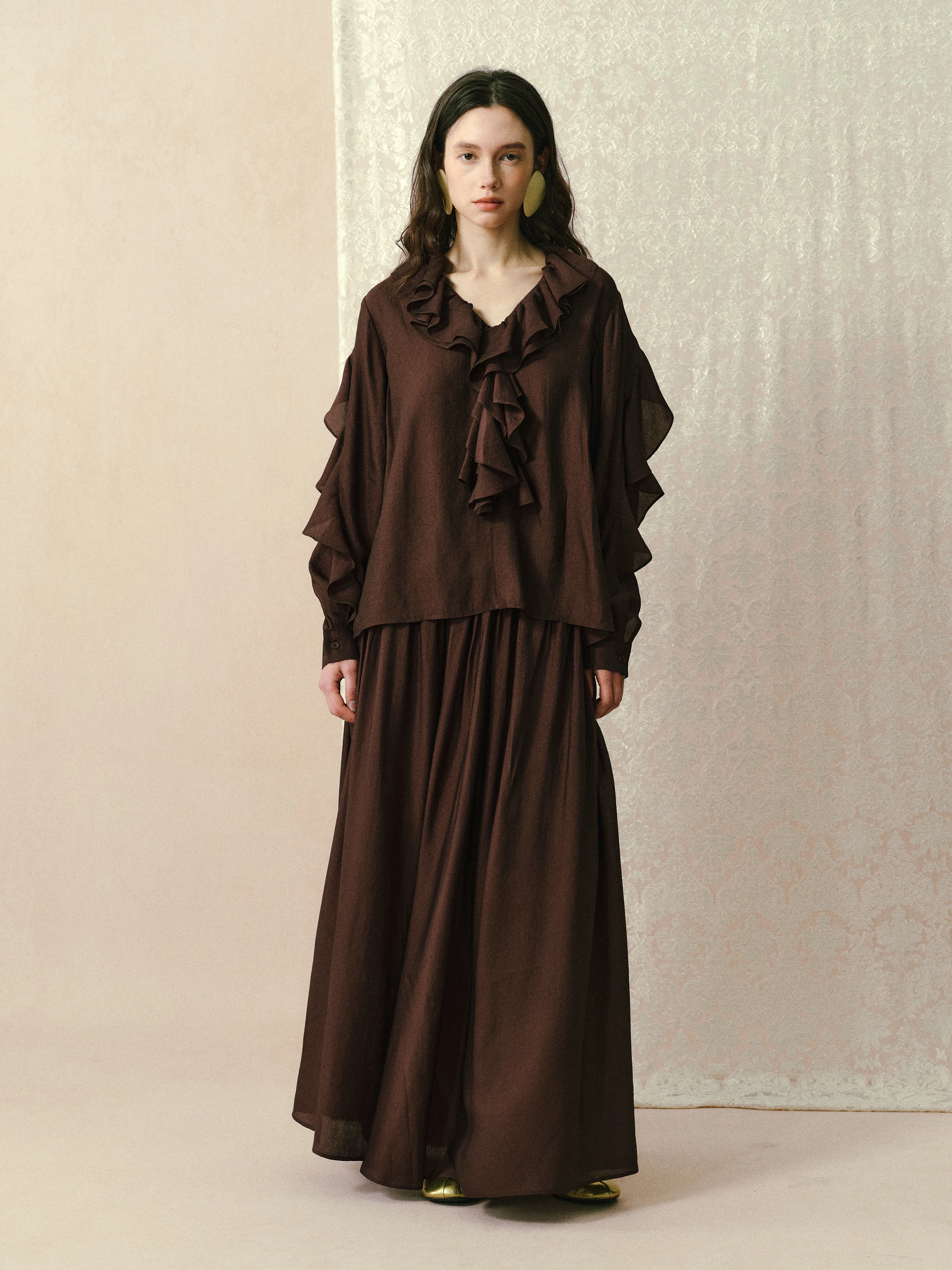 

YUANYE Original Cool Tea Series Coffee Colored Lotus Leaf Sensation Shirt Drifting Long Skirt Holiday Outfit Women's Fashion Set