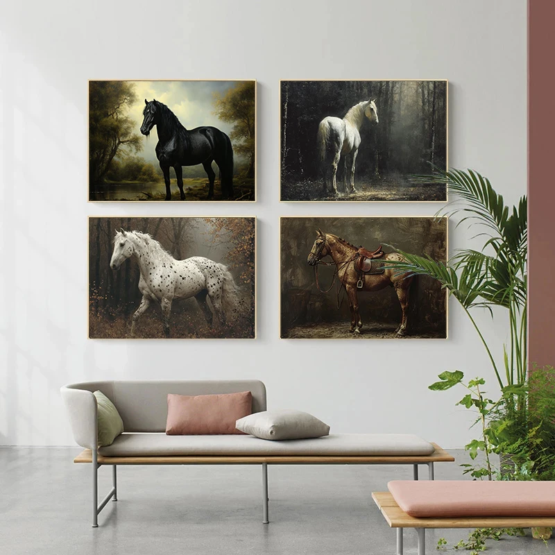 1PC Frameless  Vintage Rustic Horse Posters Farmhouse Artwork Forest White Horse Prints Canvas Painting Wall Art Picture Home Li