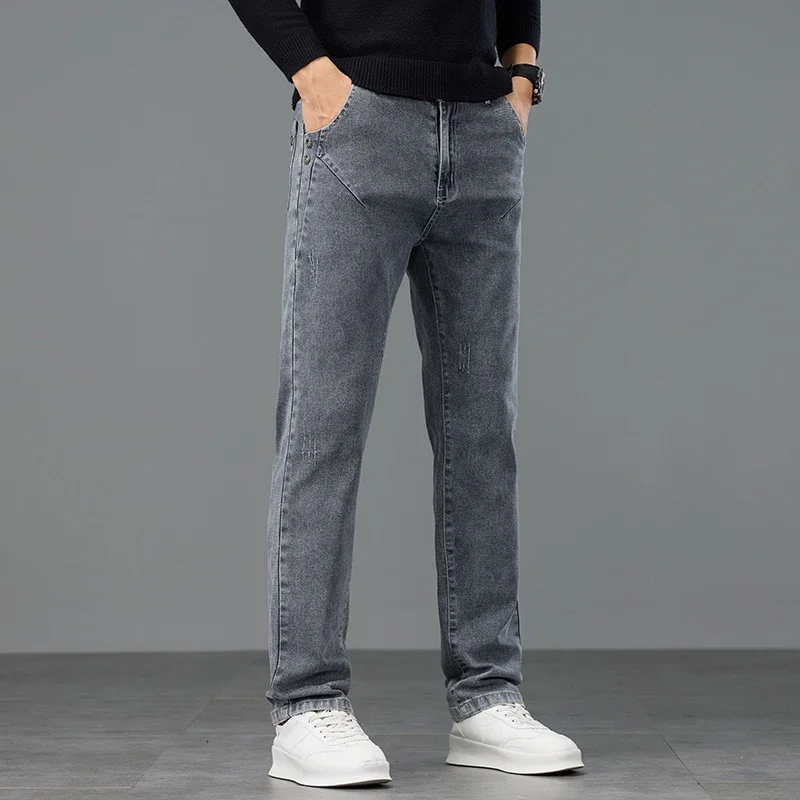 2025 جديد الرجال مريح كلاسيكي أقدام صغيرة سراويل جينز سترتش الخريف موضة جيب سليم الكورية مستقيم السراويل #4