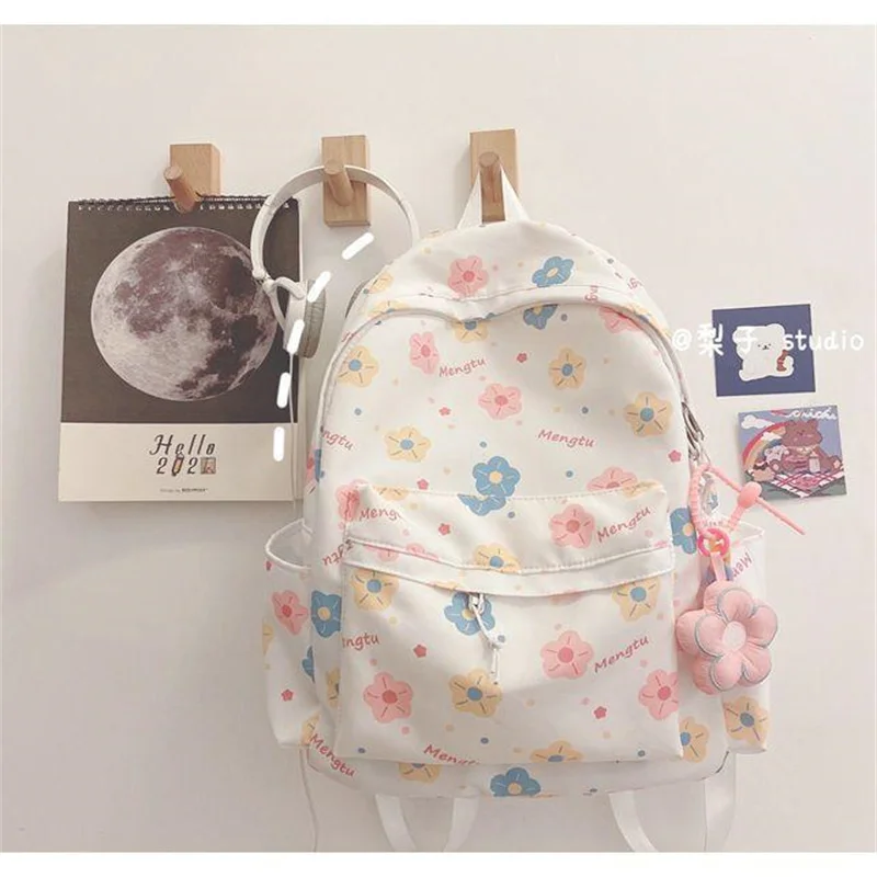 Girls Cute Print Large Capacity Preppy Backpack, Nylon Lightweight School Campus Daypack, Fashion Kawaii Travel Commuter Bag