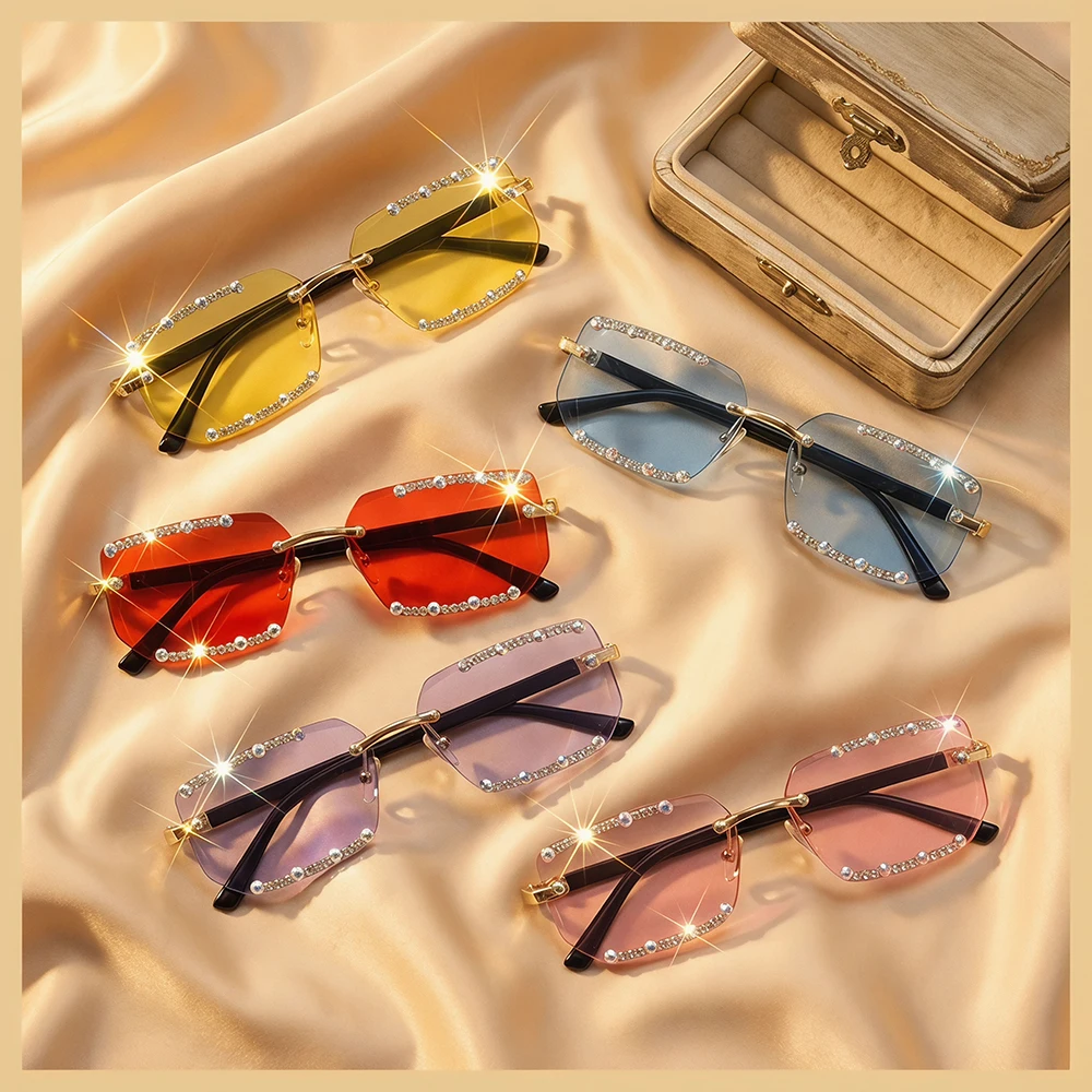Neue Vintage Quadratische Rahmenlose Sonnenbrille für Damen und Herren Marken-Rechteck-Sonnenbrille Ovale Brillen für Männer und Frauen
