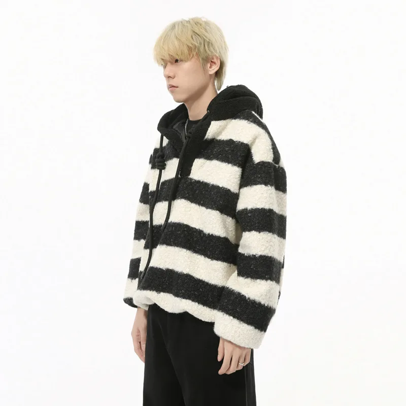 SYUHGFA Korean Style Men's Hoodies Loose Striped Hooded Imitation Lamb Wool Drawstring Contrast Color Casual Male Sweatshirt