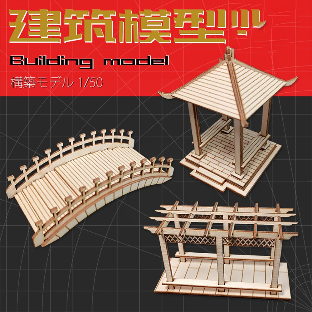 1/50 Model Pavilion DIY Micro Landscape Ancient Architecture Bamboo Wood Hexagonal Pavilion Assembly Model Scene Materials