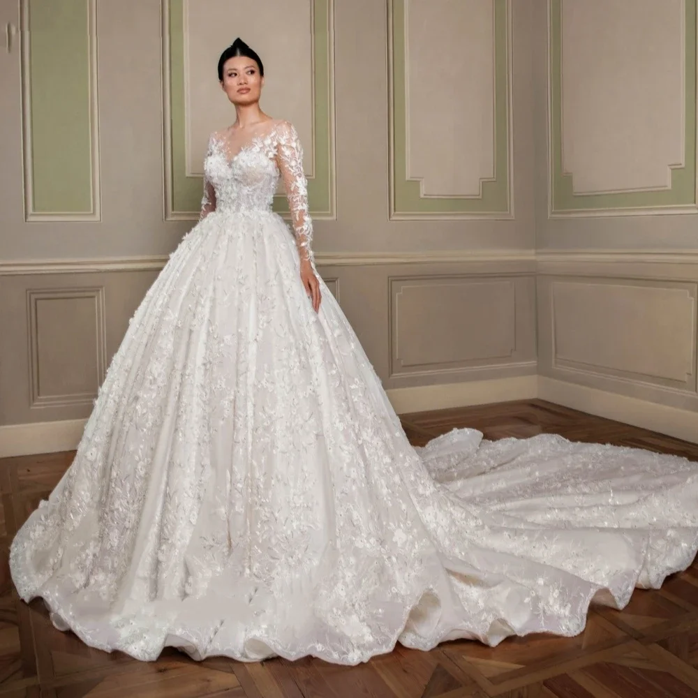 Flavinke Customized Elegant Charming A Line Wedding Dresses Long Sleeve Scoop Lace  Applique Beading Bridal Gown Robe De Mariee
