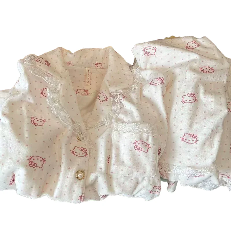 

Hello Kitty Pajamas Set Soft Fleece with Lace Trim Women Students Loungewear Sweet Polka Dot Autumn Winter Warm Nightwear Set