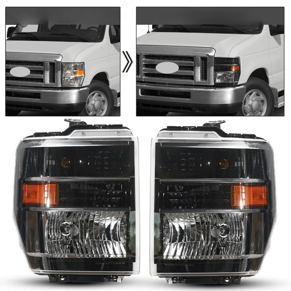 

Upgrade Halogen Headlight 2008-2018 Ford E-150 E-250 E-350 Black Conversion Pair