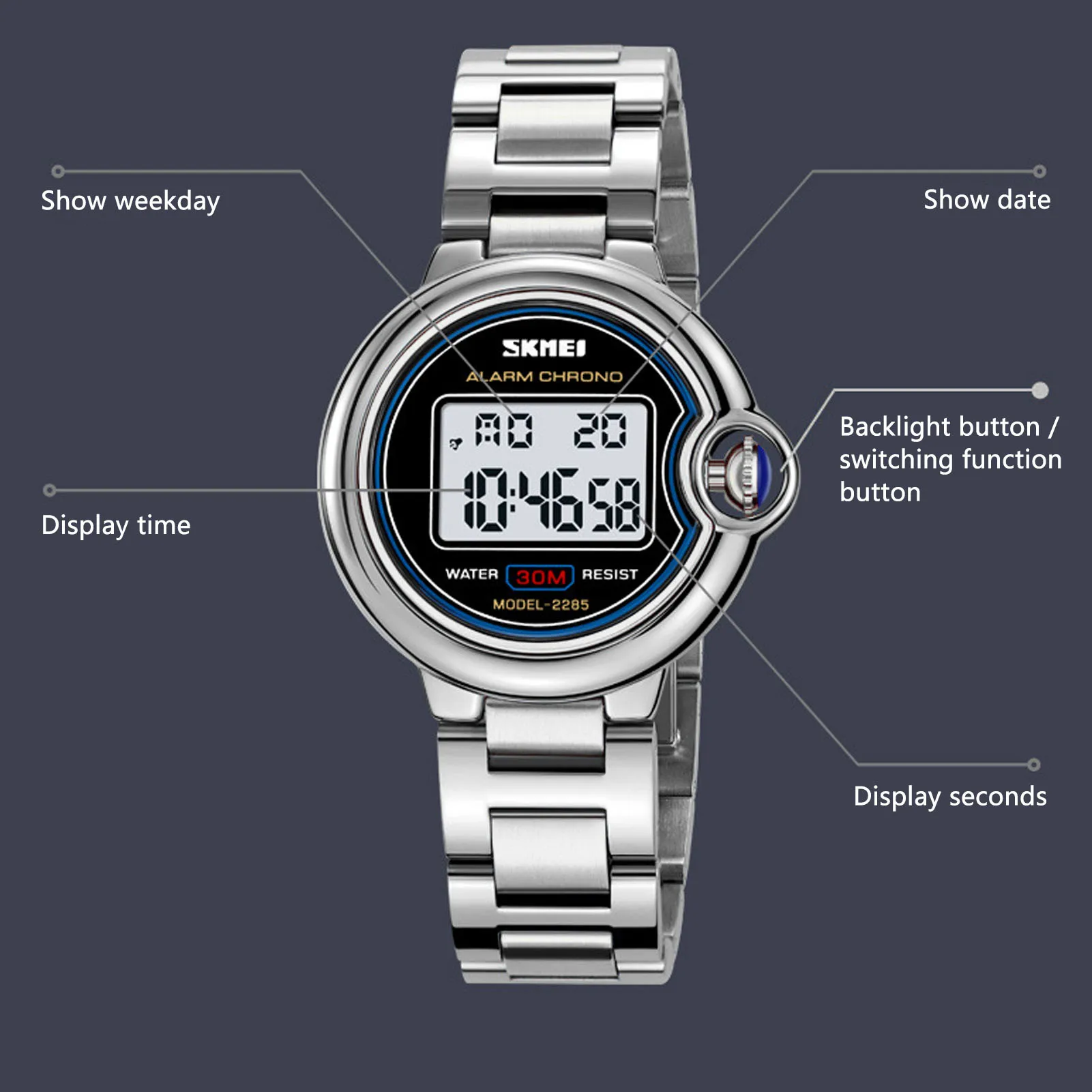 Women Electronic Watch Water Resistant Outdoor Sports Watch Multifunctional Stainless Steel Wrist Watch for Women