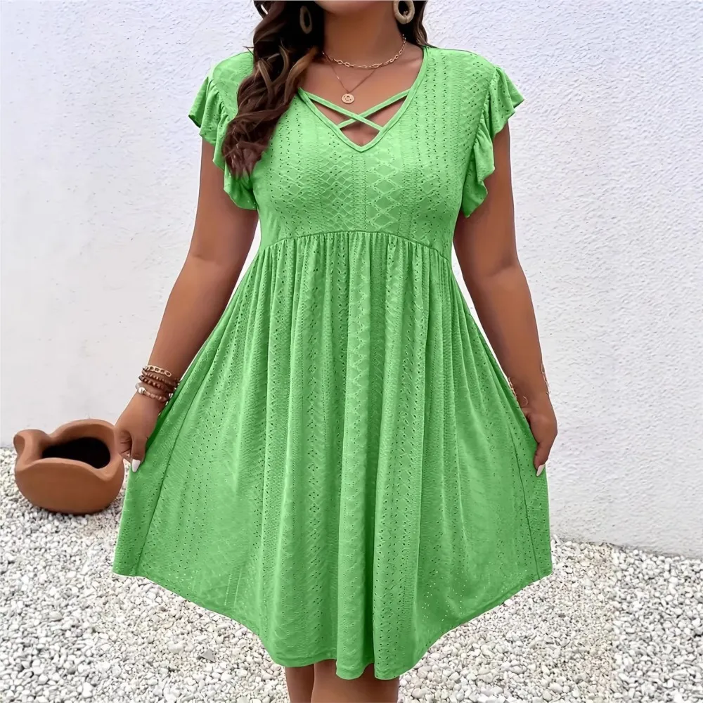 Jacquard Lotus Leaf Sleeves Sexy V-neck Dress Summer New Women's Fashion Solid Color Casual Loose Short Dress Roupas Feminina