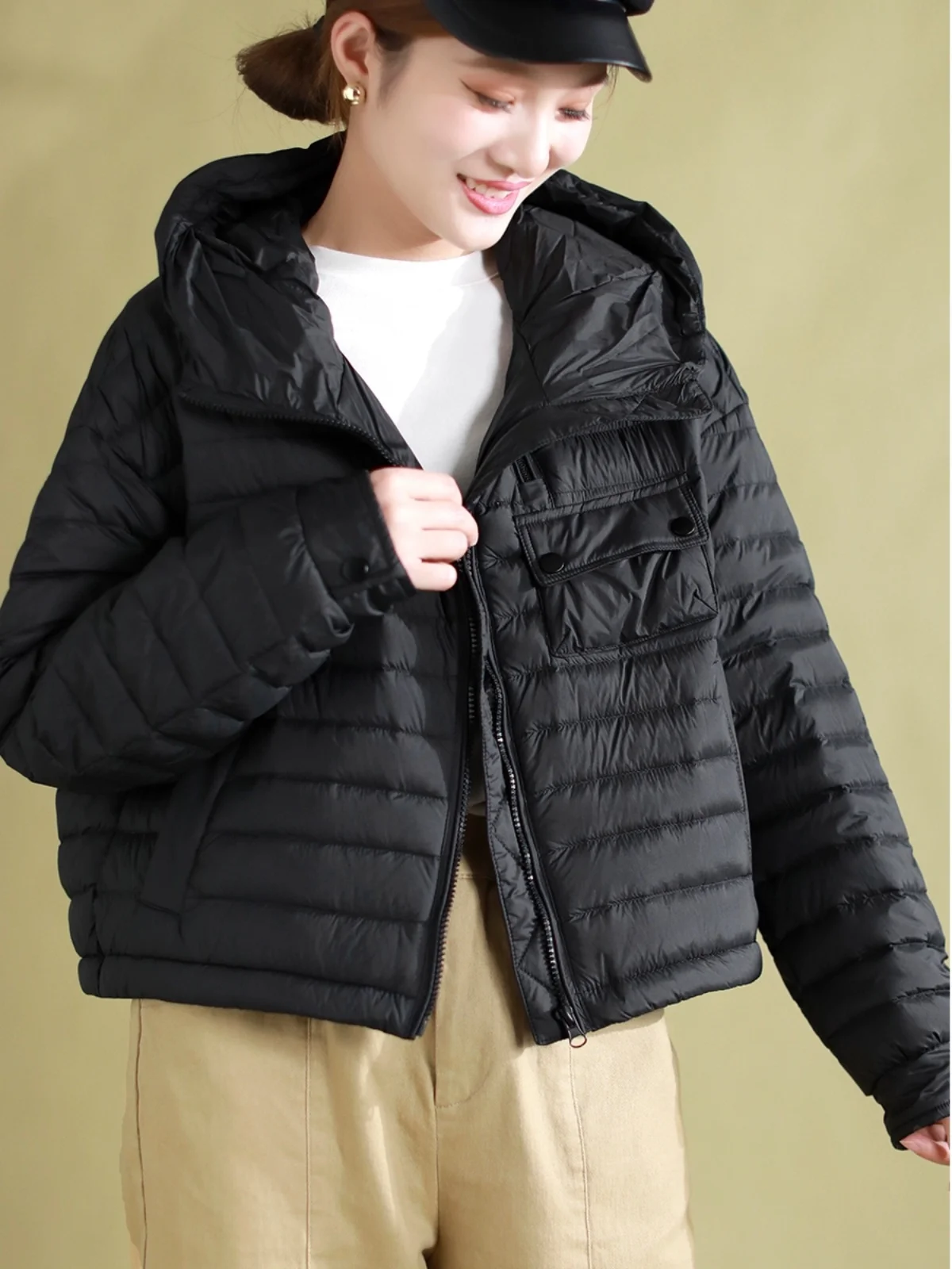 Chaqueta Corta ra de Plumón para Mujer, Estilo Coreano, Abrigo Cálido de Aodón, Deado, con Capucha y Cierre de Cremal...