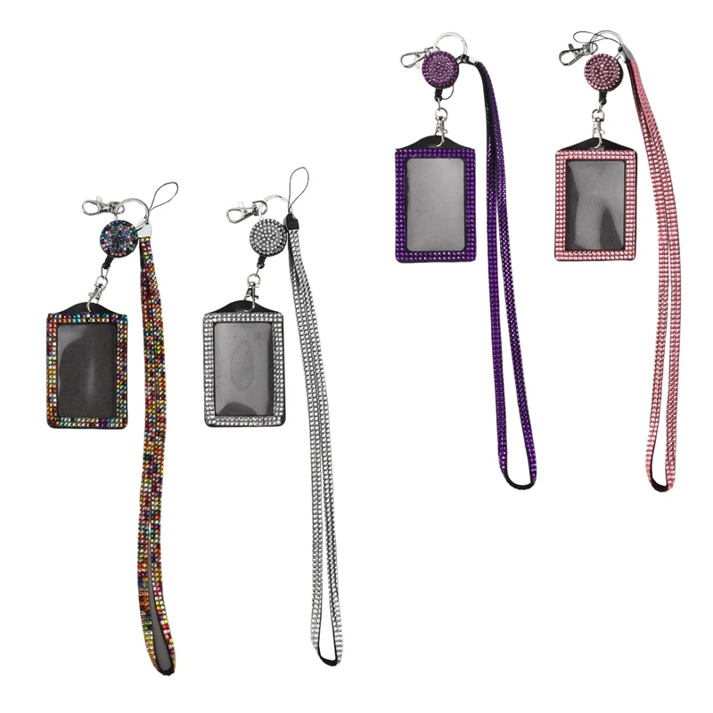 

4 Sets Rhinestone Lanyard ID Card Holder Crystal Retractable Badge Reel Rhinestone Neck Lanyard Card Holder