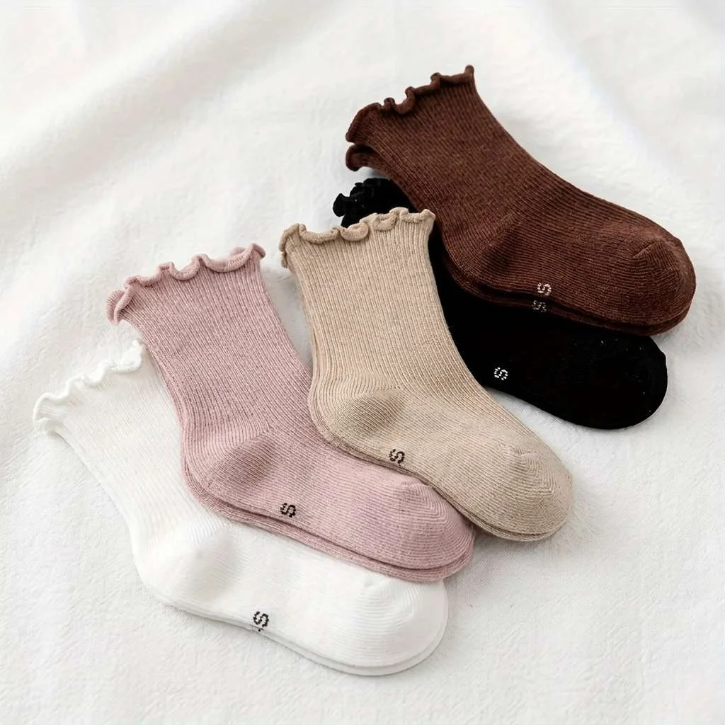 Cotton Crew Sock Pack - 5팩 아기 면 양말, 프릴 가장자리