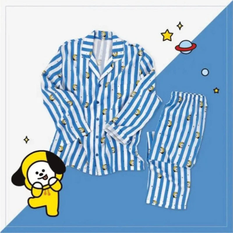 Women Pajamas Striped Spring Summer Cartoon Print Sleepwear Kawaii Cute Nightwear Loungewear Clothing Sets Comfortable Home Wear