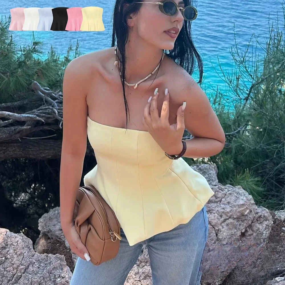 

KONDALA Женская осенняя масляная желтая сексуальная юбка-труба с подолом, топ-труба, новинка 2025, весна-лето, сладкий отпуск, пляжный розовый, синий тонкий топ